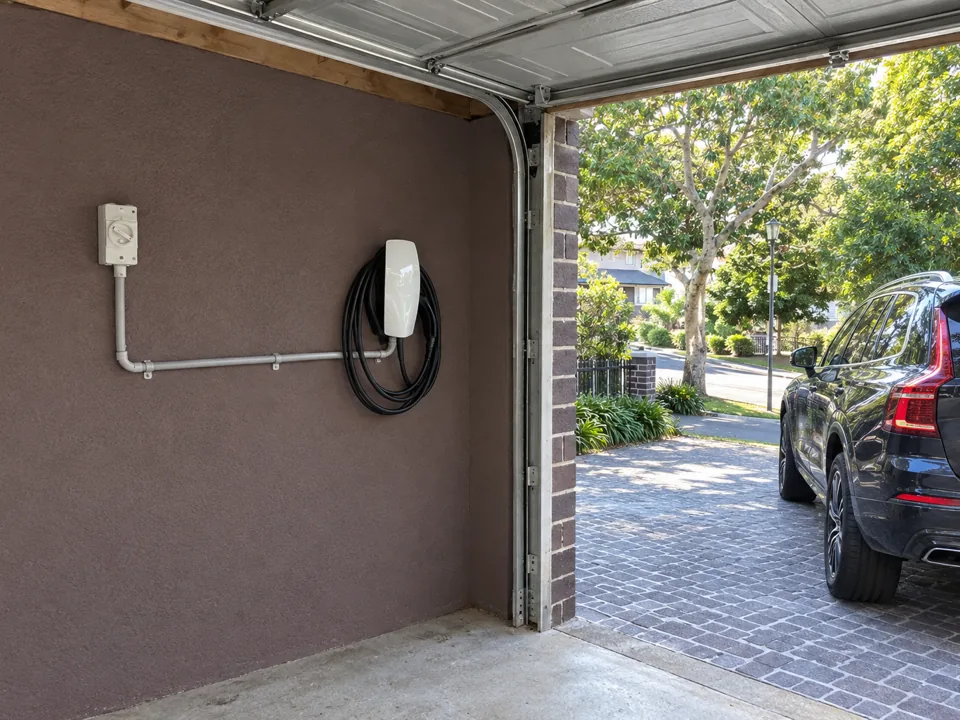 Garage wall with wall-mounted EV charger and cable beside driveway in Beecroft